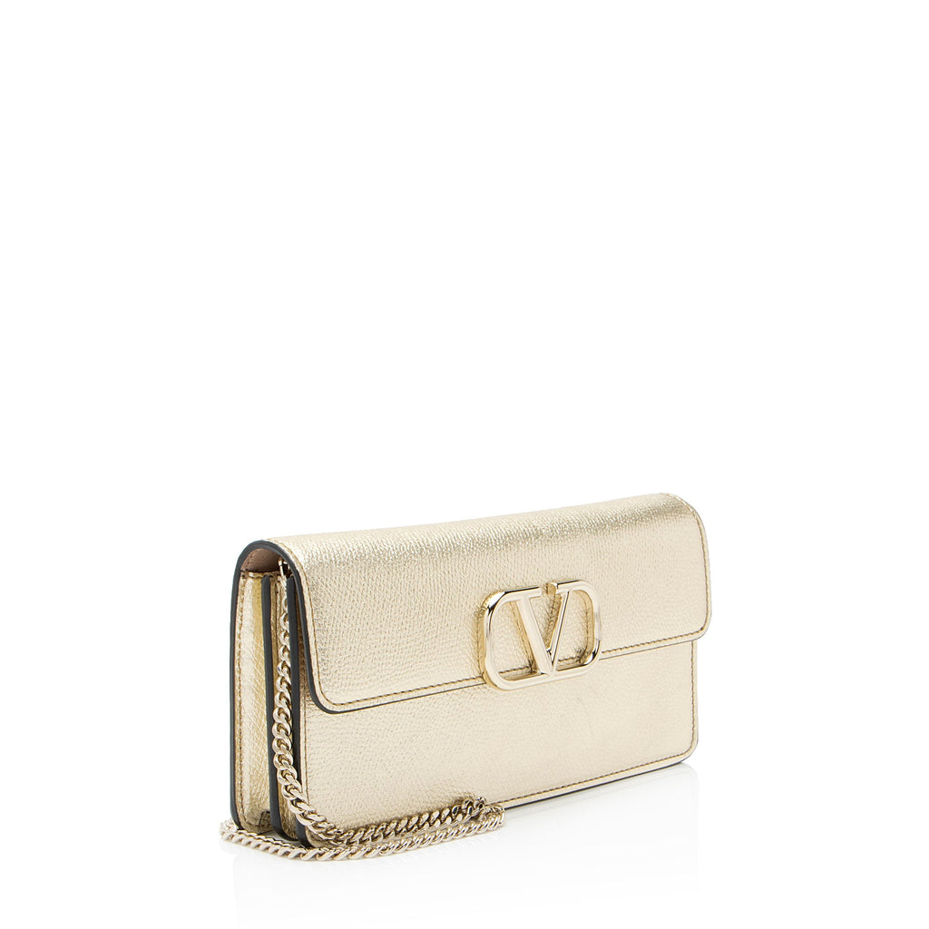 Valentino Metallic Grainy Calfskin VLogo Wallet on Chain