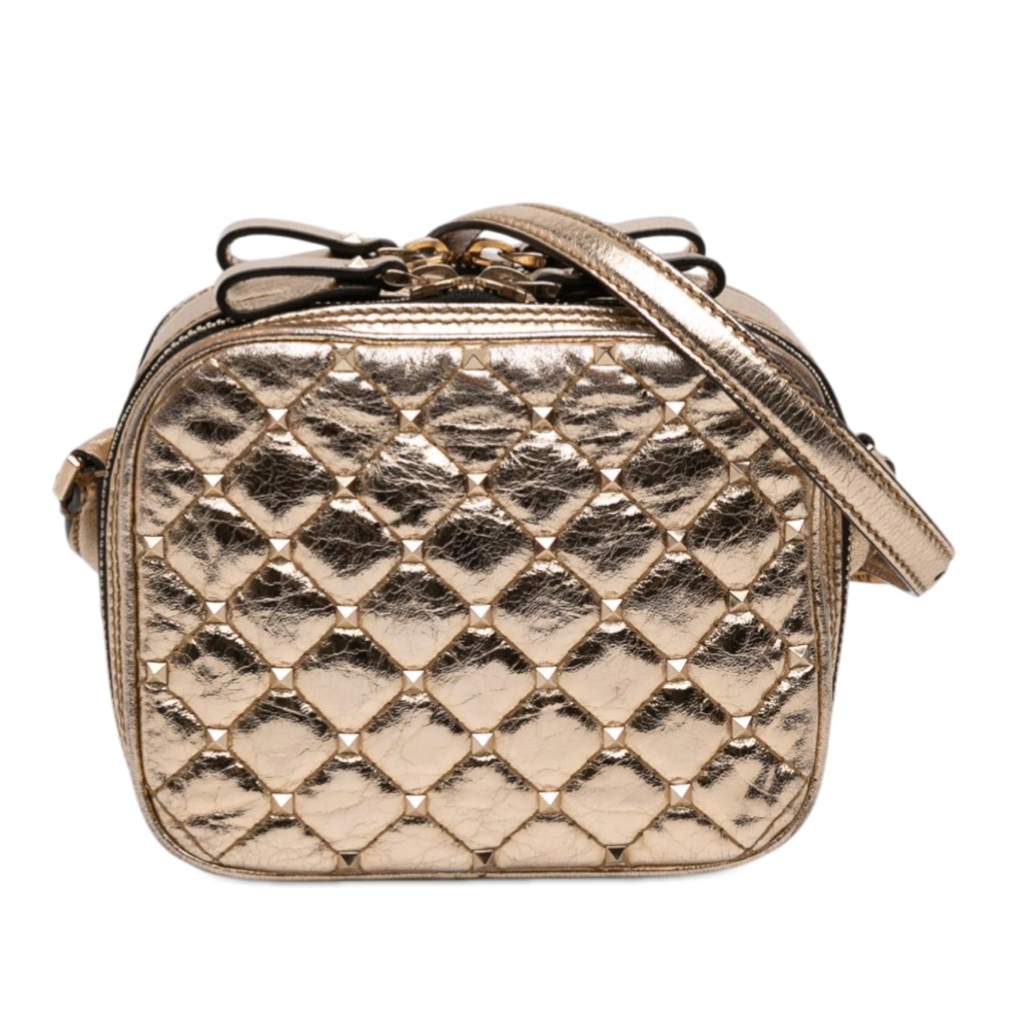 Valentino Metallic Wrinkled Lambskin Rockstud Spike Double Zip Camera Bag