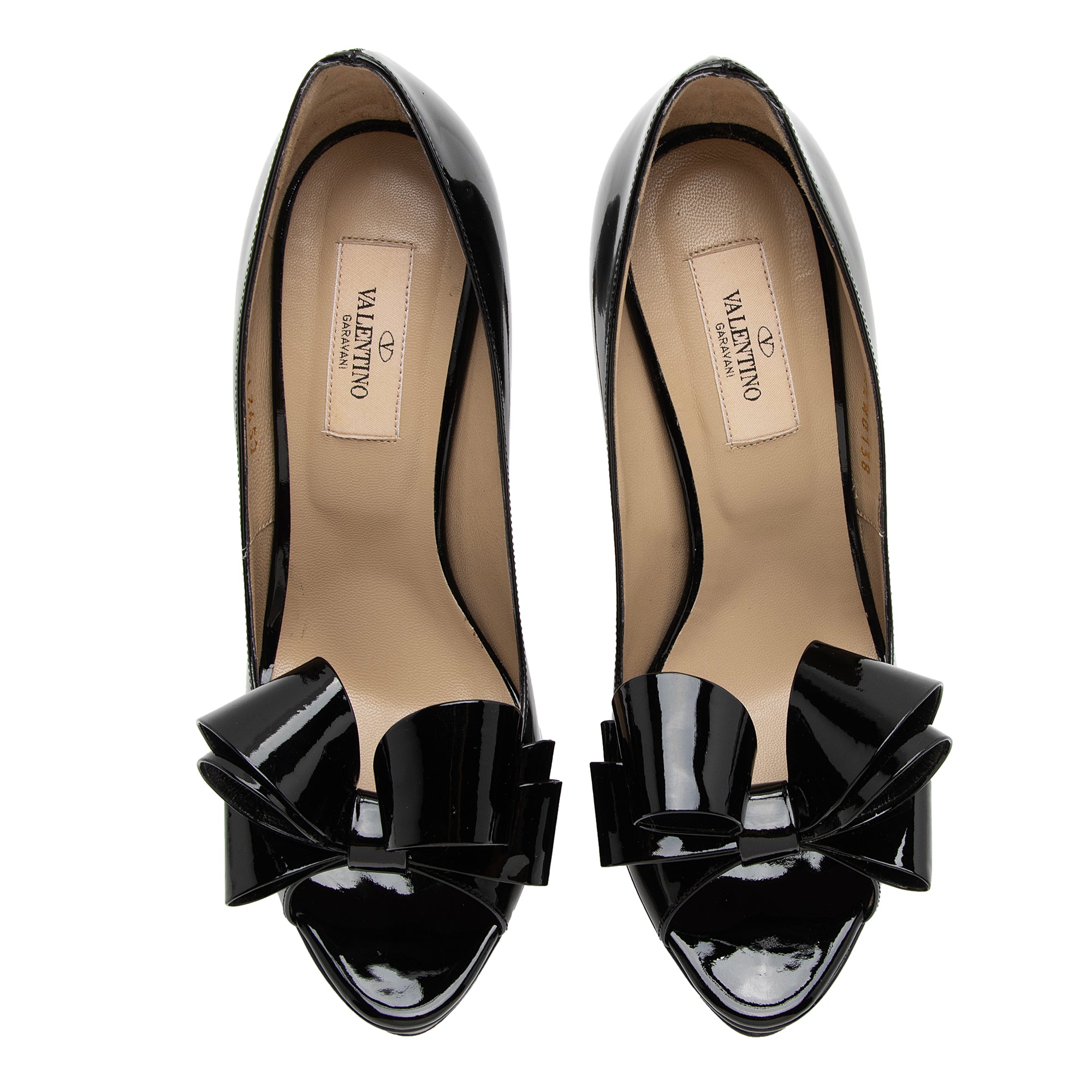 Valentino Patent Leather Couture Bow Peep Toe Platform Pumps - Size 8 / 38 (SHF-vP2PwB)