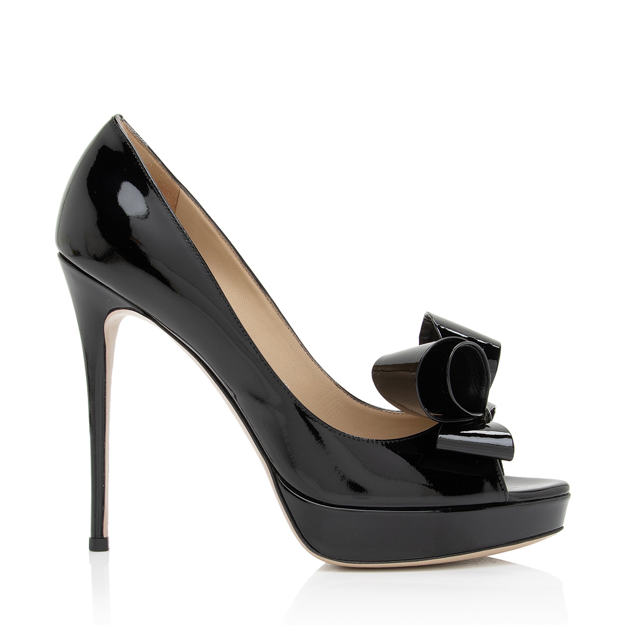 Valentino Patent Leather Couture Bow Peep Toe Platform Pumps - Size 8 / 38 (SHF-vP2PwB)