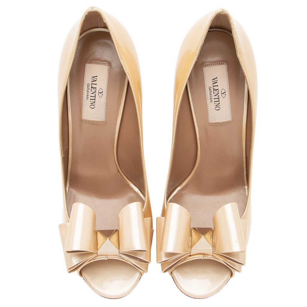 Valentino Patent Leather Rockstud Bow Peep Toe Pumps - Size 9.5 / 39.5