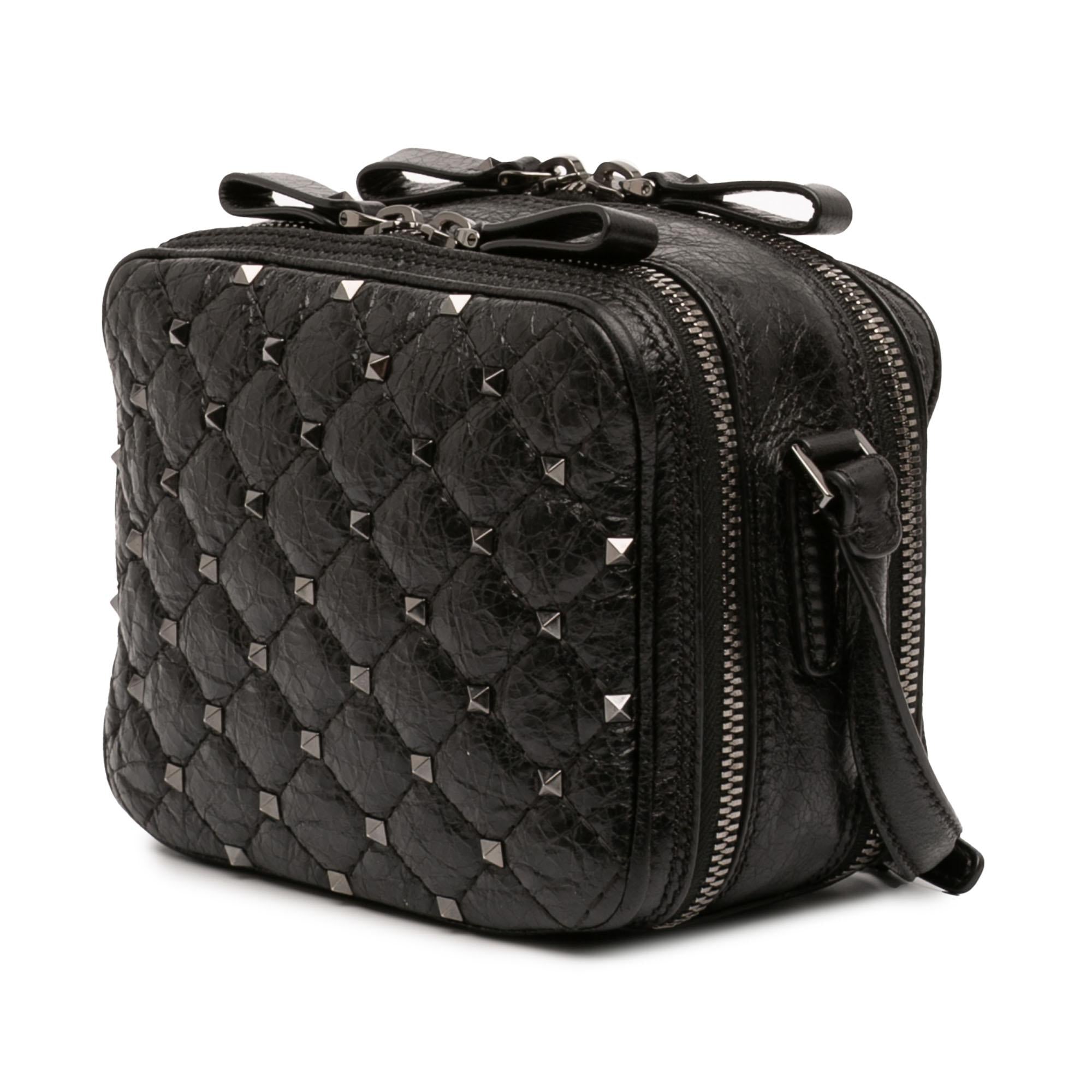Valentino Quilted Crinkled Leather Rockstud Double Zip Camera Bag