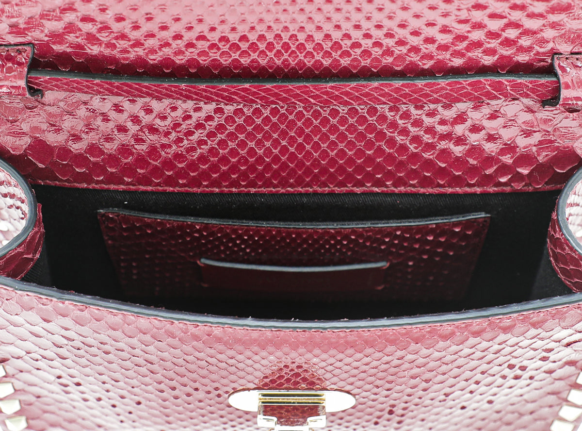Valentino Maroon Python Rockstud Flip Lock Small Crossbody Bag