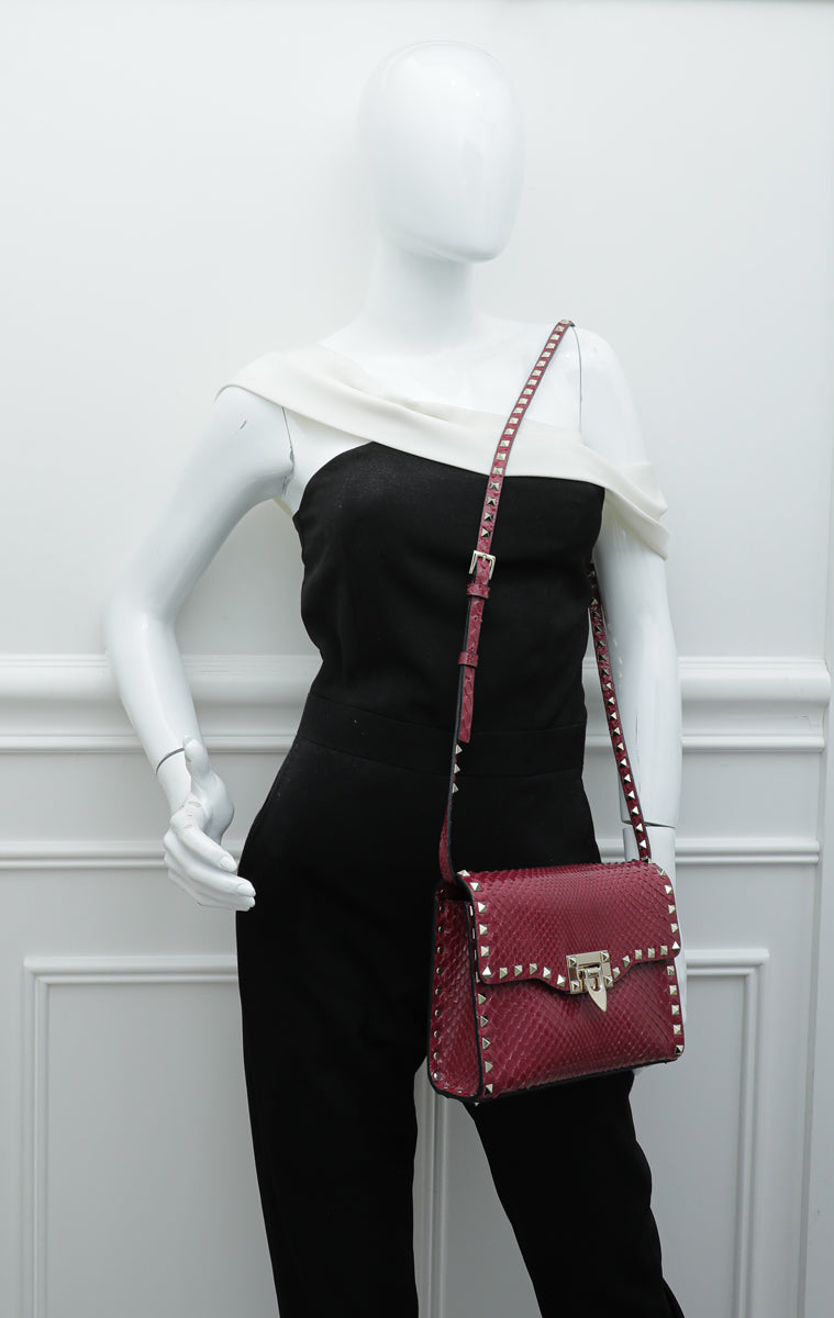 Valentino Maroon Python Rockstud Flip Lock Small Crossbody Bag