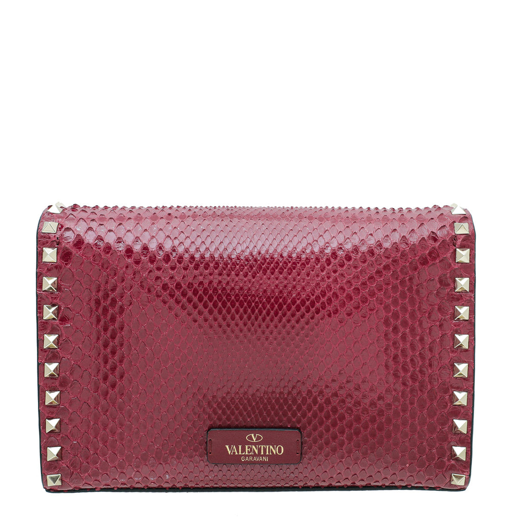 Valentino Maroon Python Rockstud Flip Lock Small Crossbody Bag