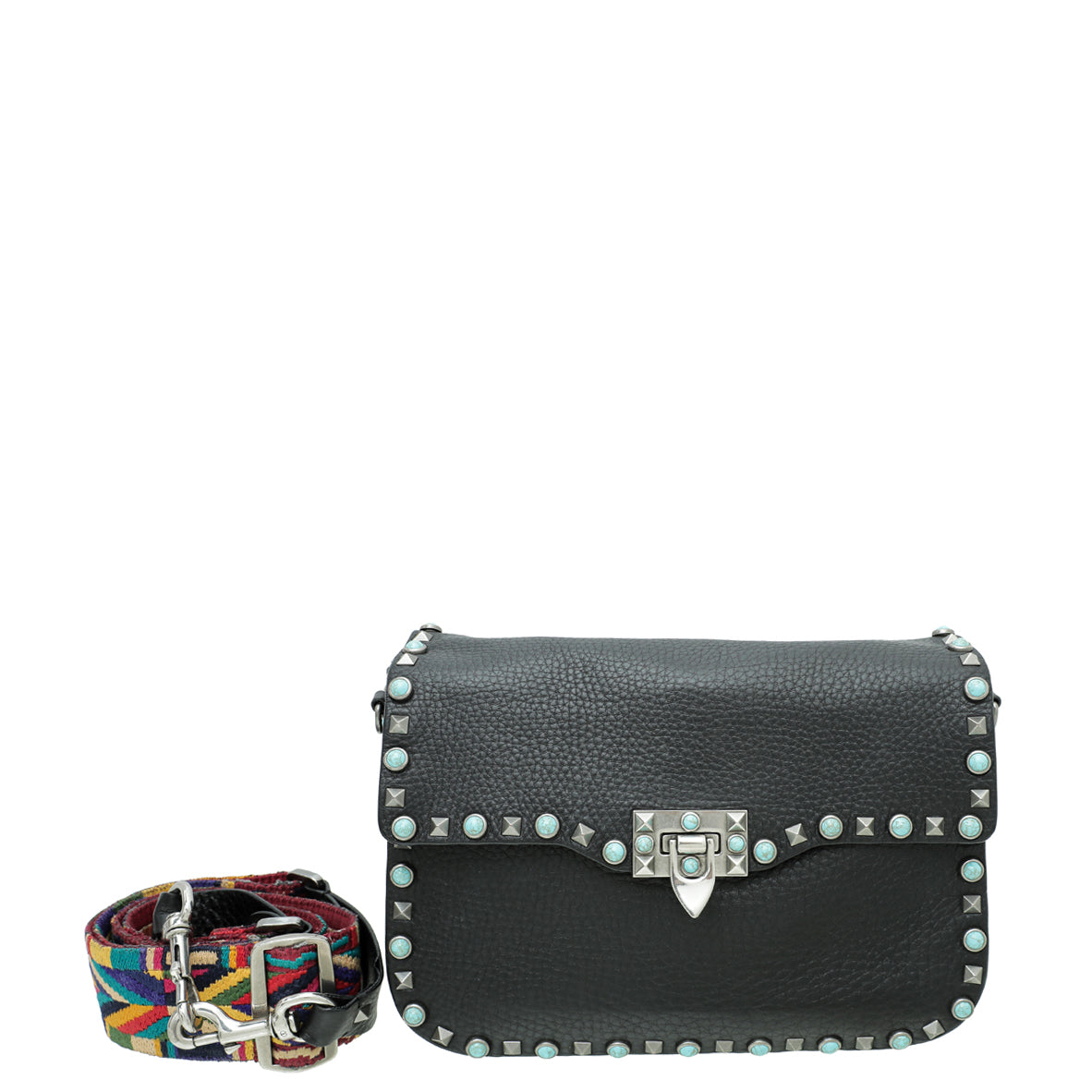 Valentino Black Rockstud Rolling Flap Medium Bag