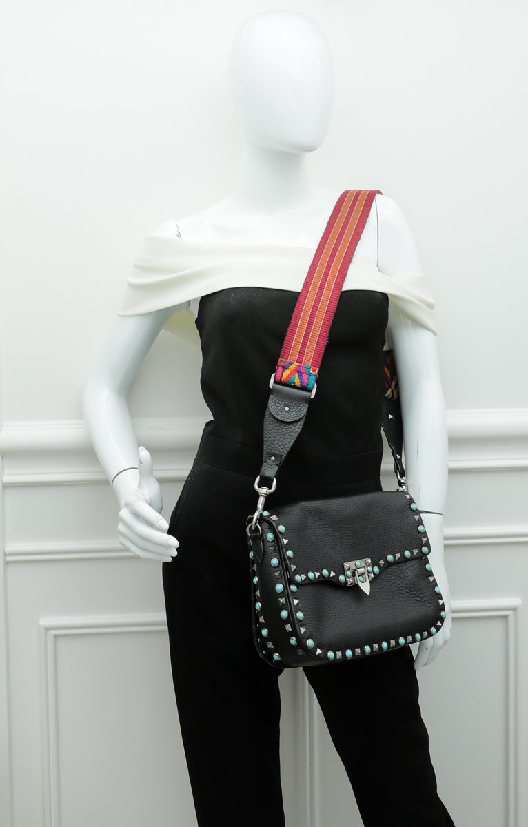 Valentino Black Rockstud Rolling Flap Medium Bag