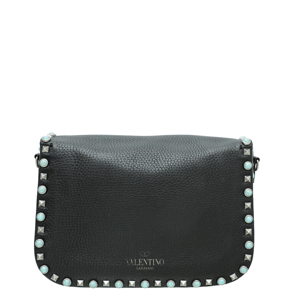 Valentino Black Rockstud Rolling Flap Medium Bag