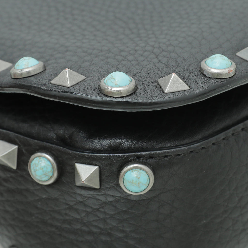 Valentino Black Rockstud Rolling Flap Medium Bag