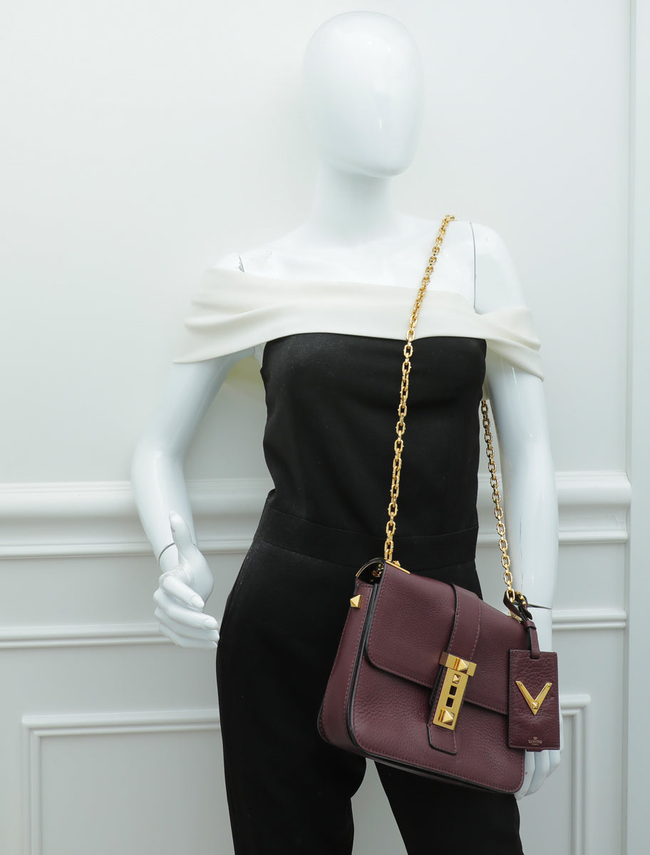 Valentino Burgundy B-Rockstud Flap Chain Medium Bag