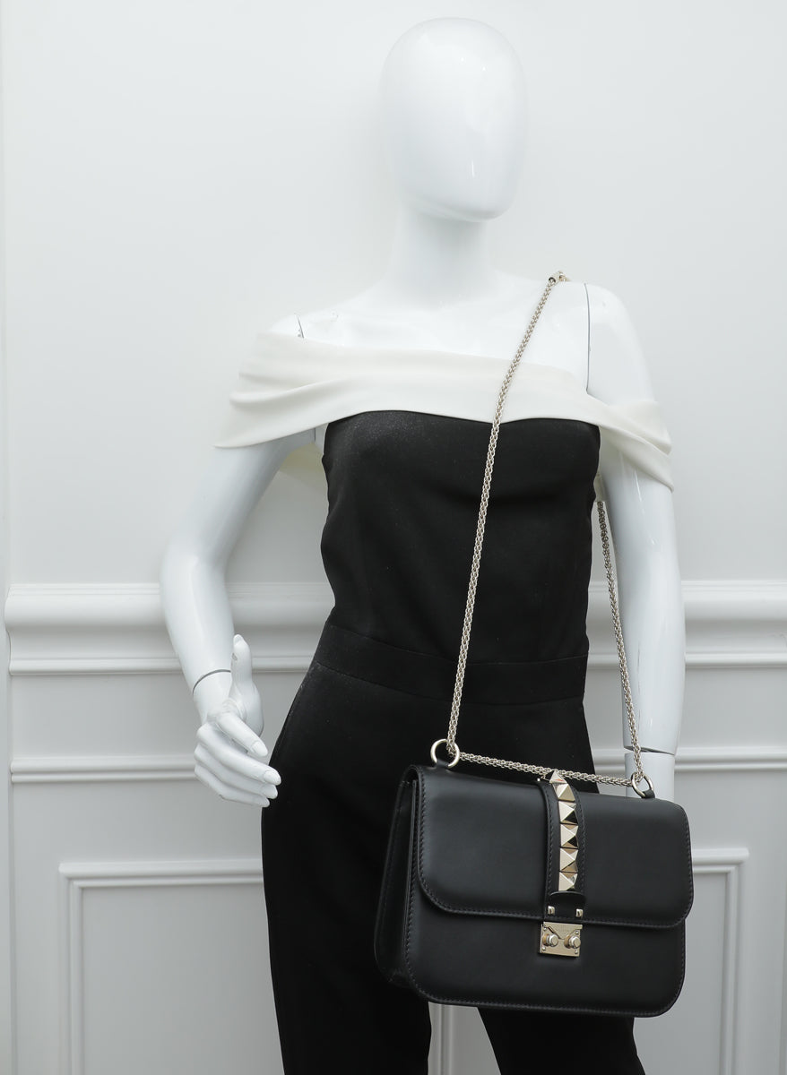 Valentino Black Glam Lock Rockstud Medium Flap Bag
