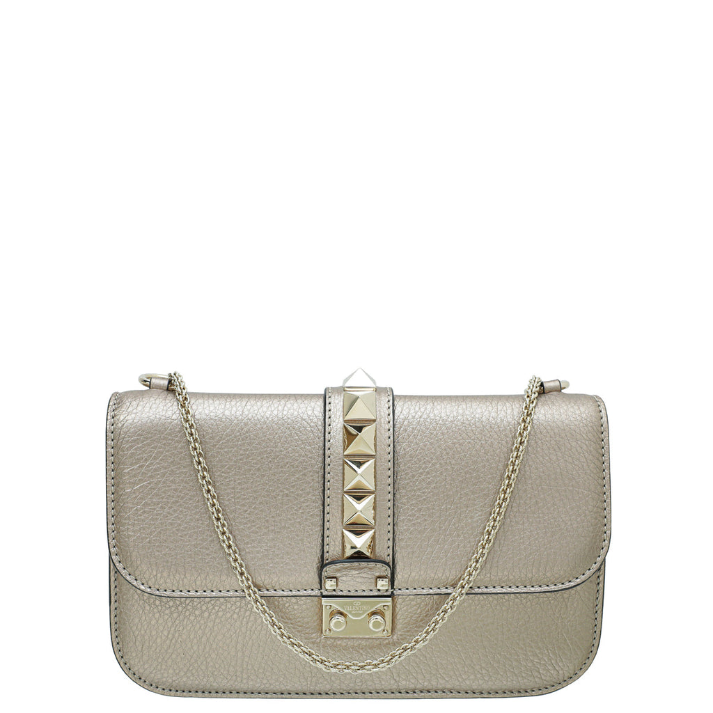 Valentino Metallic Champagne Rockstud Glam Lock Medium Flap Bag