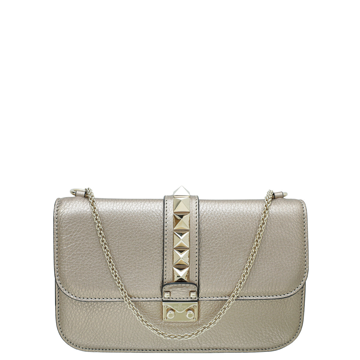 Valentino Metallic Champagne Rockstud Glam Lock Medium Flap Bag