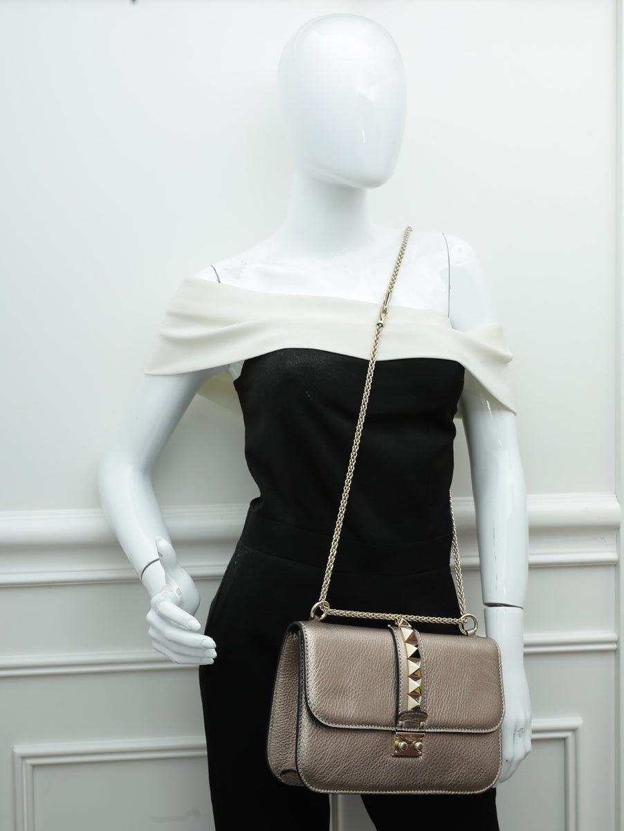 Valentino Metallic Champagne Rockstud Glam Lock Medium Flap Bag