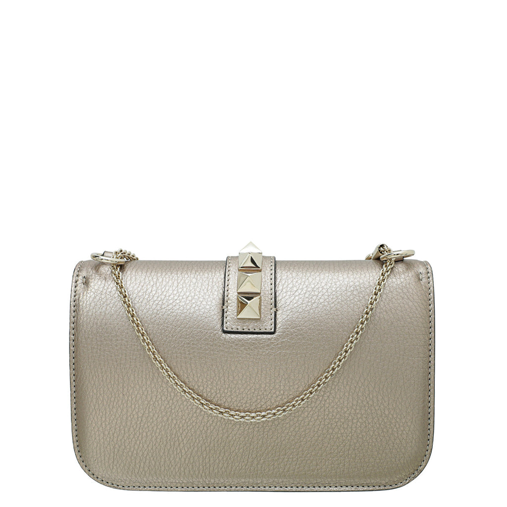 Valentino Metallic Champagne Rockstud Glam Lock Medium Flap Bag