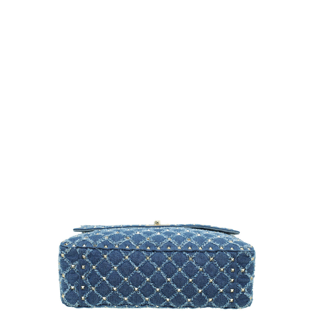Valentino Blue Spike Rockstud Denim Chain Large Shoulder Bag