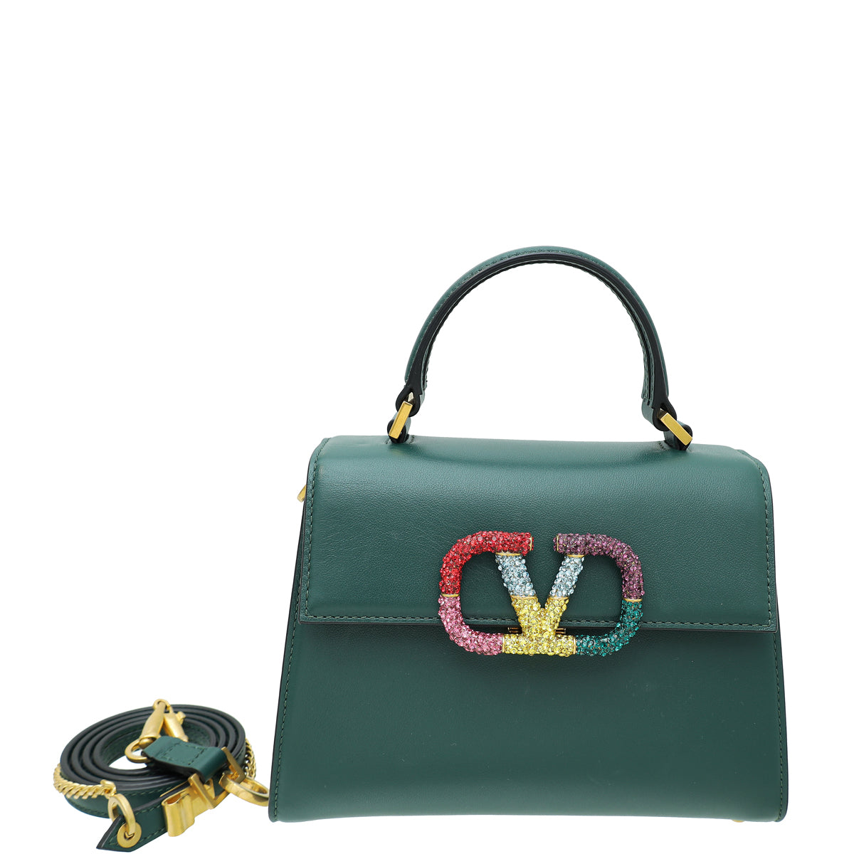 Valentino Dark Green Vlogo Crystal Top Handle Small Bag