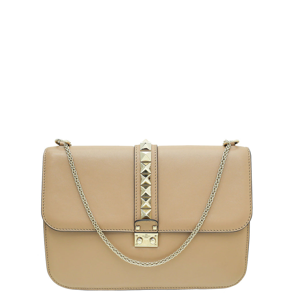 Valentino Beige Rockstud Glamlock Large Shoulder Bag