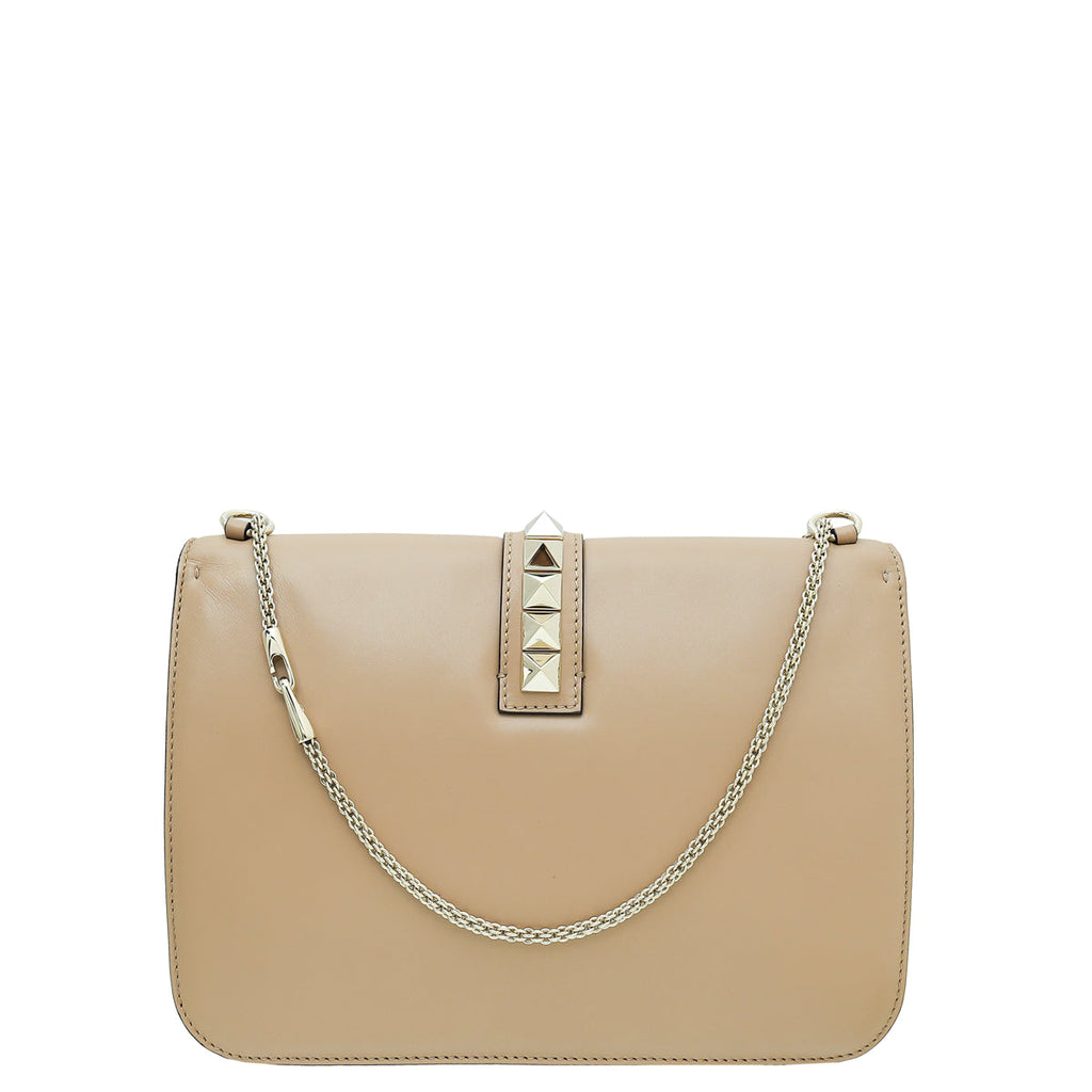 Valentino Beige Rockstud Glamlock Large Shoulder Bag