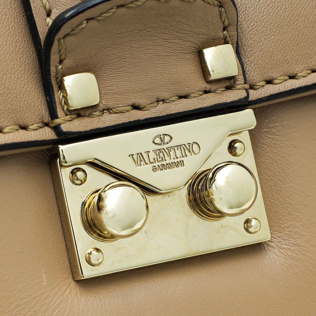 Valentino Beige Rockstud Glamlock Large Shoulder Bag