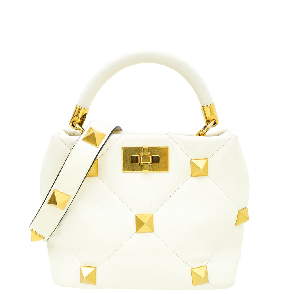 Valentino White Roman Studs Small Top Handle Bag
