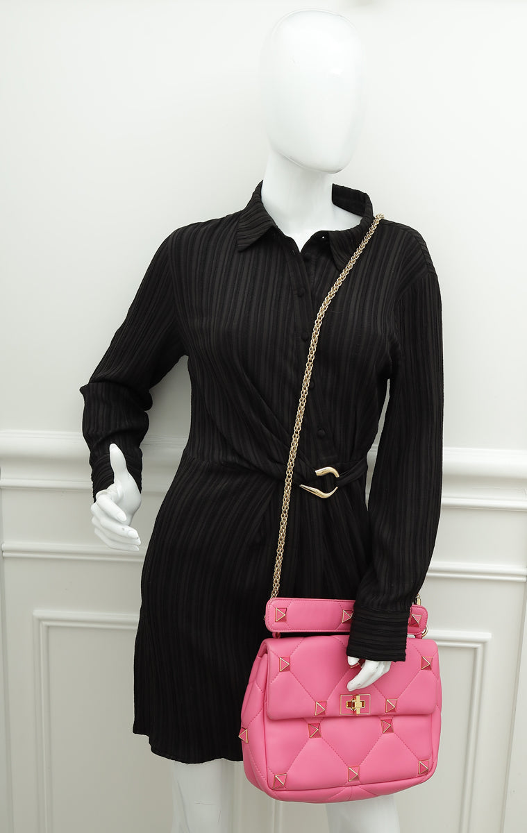 Valentino Pink Nappa with Chain Roman Stud Large Shoulder Bag