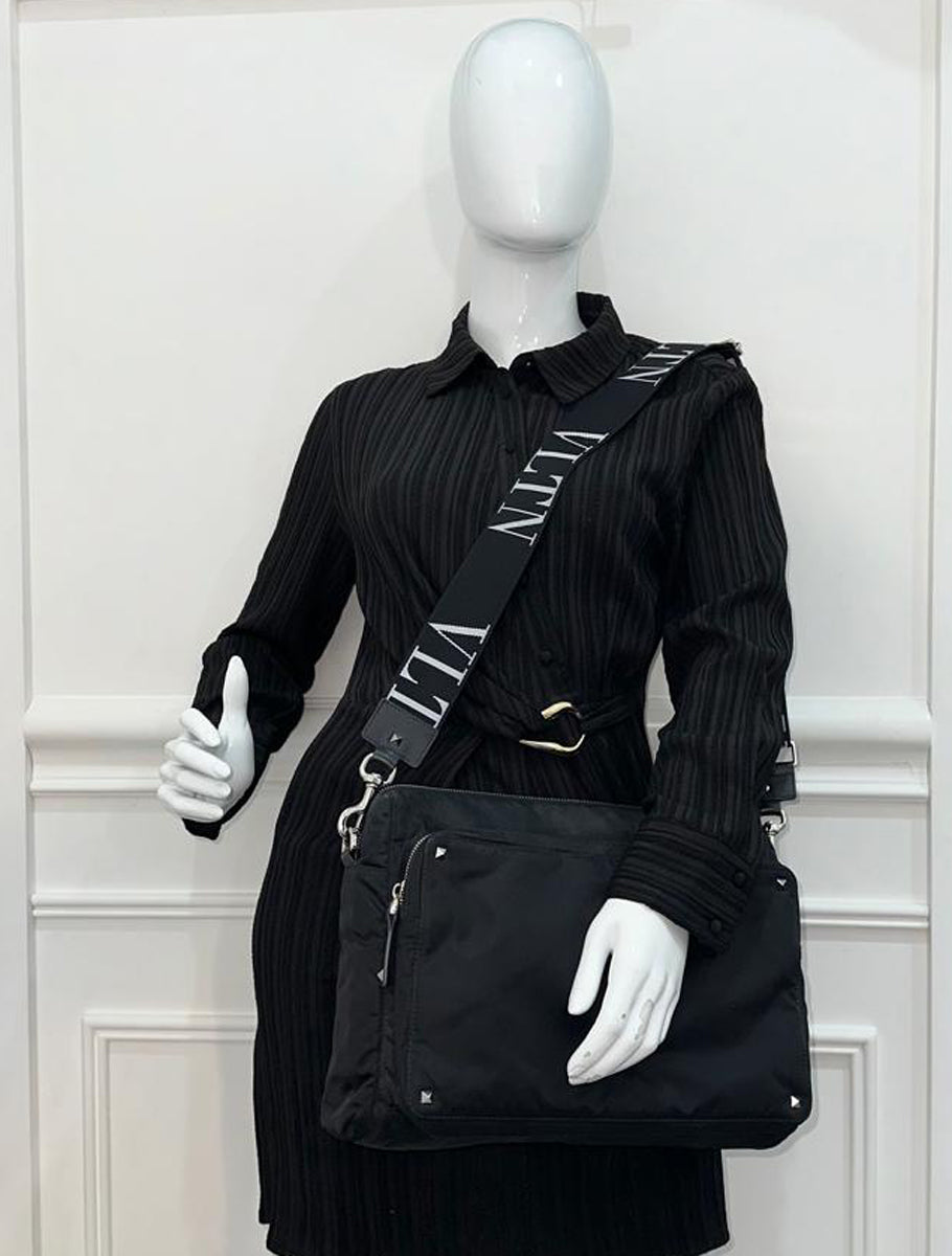 Valentino Black Nylon VLTN Rockstud Messenger Bag