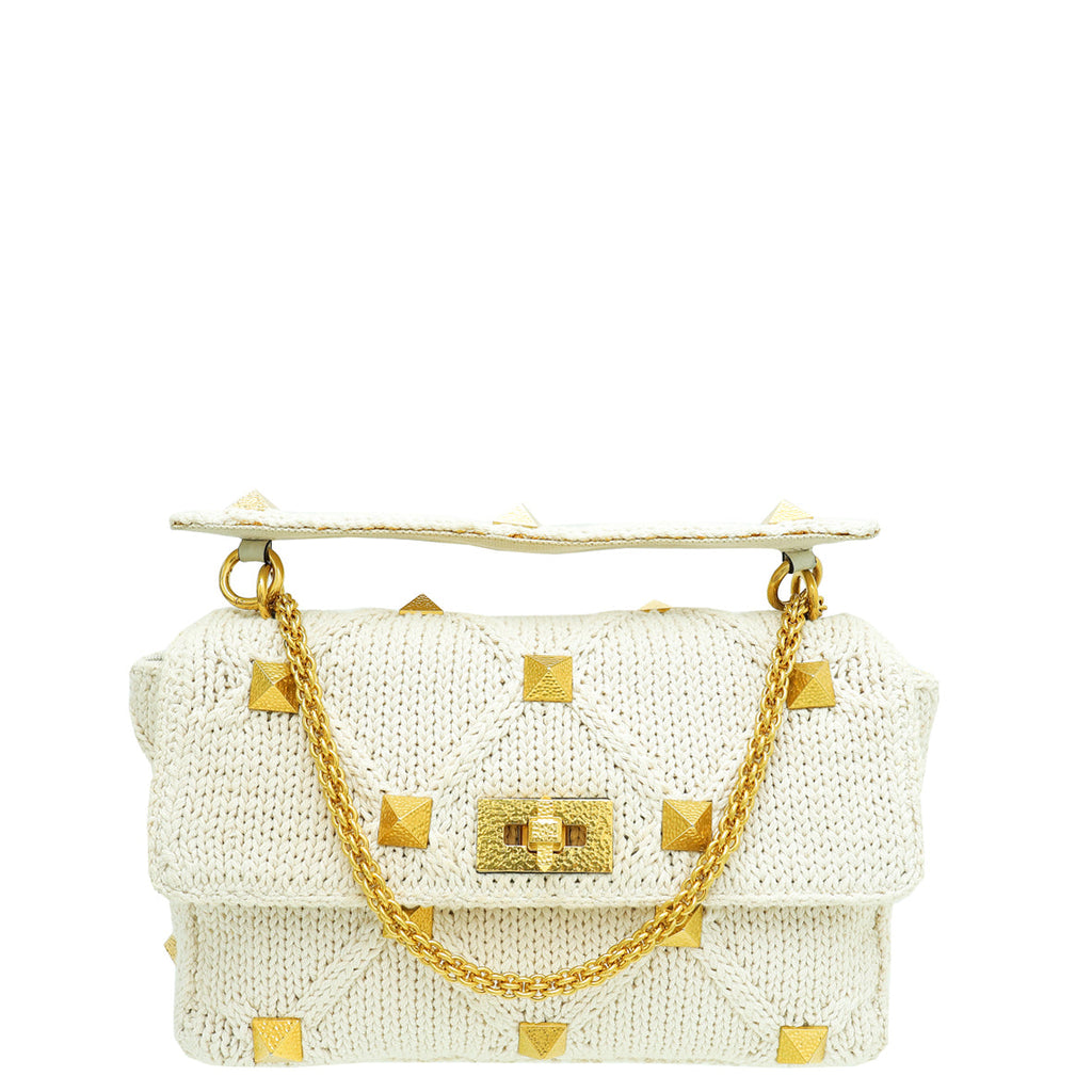 Valentino Ecru Roman Stud Knitted Shoulder Bag Large