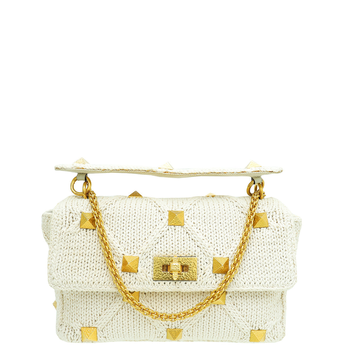 Valentino Ecru Roman Stud Knitted Shoulder Bag Large
