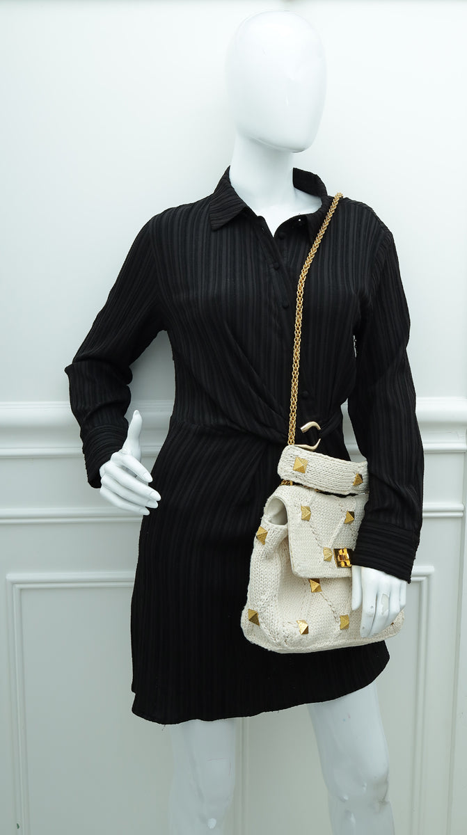 Valentino Ecru Roman Stud Knitted Shoulder Bag Large
