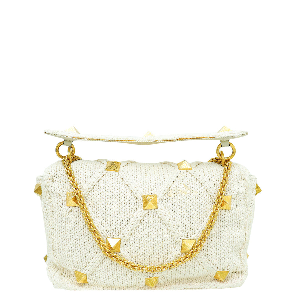 Valentino Ecru Roman Stud Knitted Shoulder Bag Large
