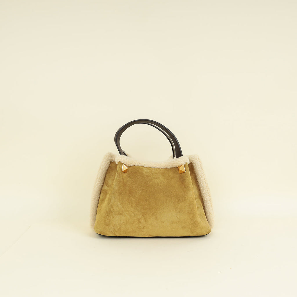 Valentino Chocolate Olive VLogo Signature Small Fur Shopping Bag
