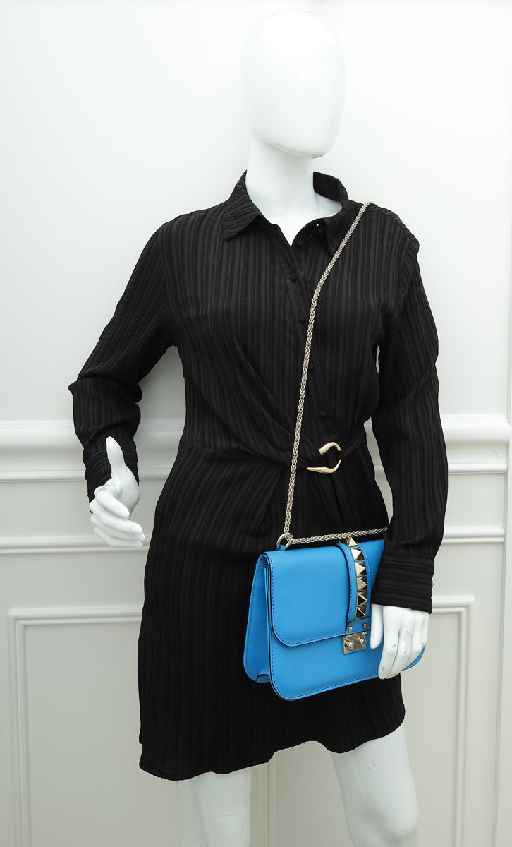 Valentino Sky Blue Rockstud Glam Lock Medium Shoulder Bag