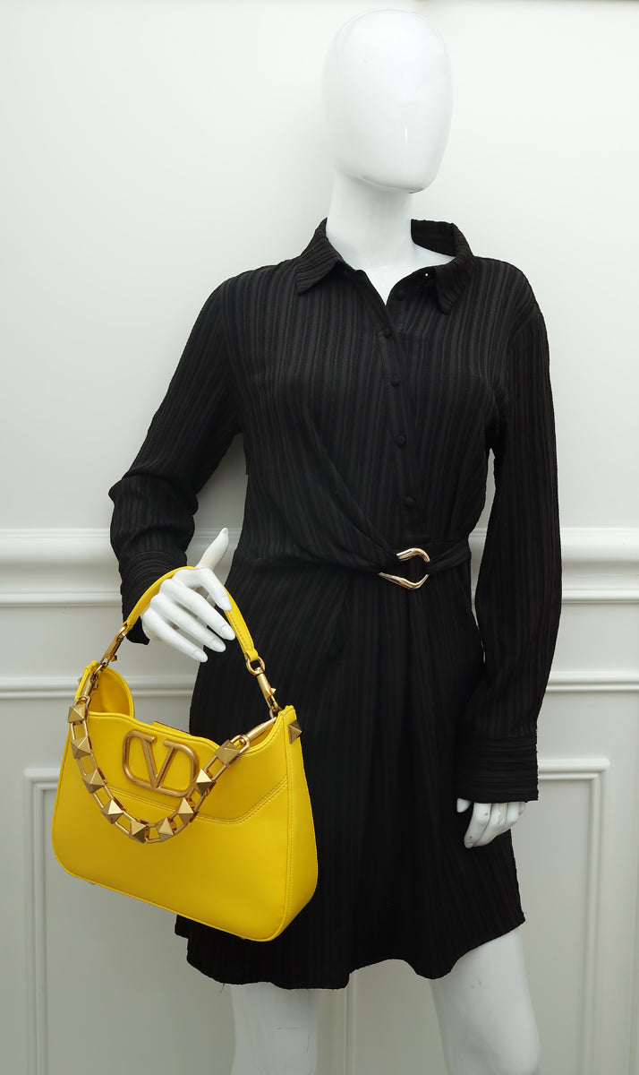 Valentino Yellow Vlogo Roman Stud Hobo Small Bag