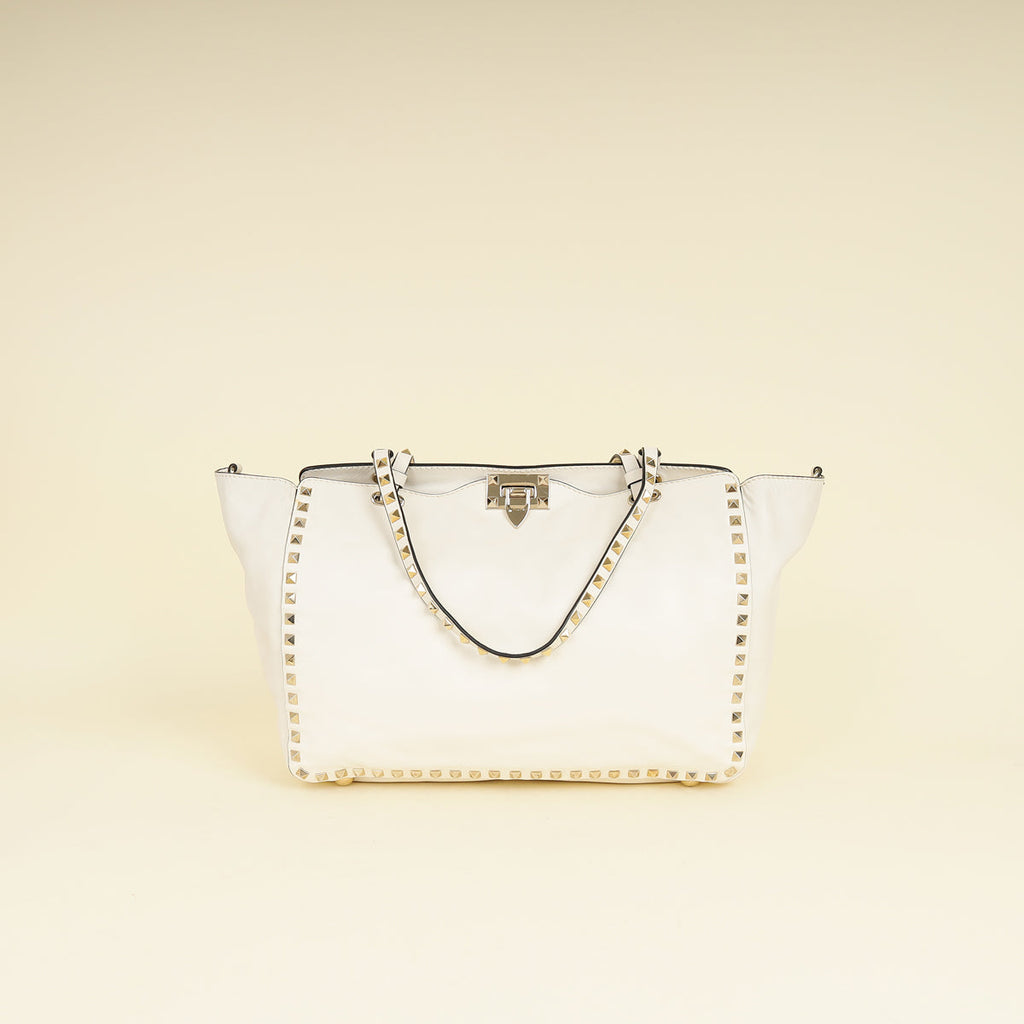 Valentino White Vitello Rockstud Tote Medium Bag
