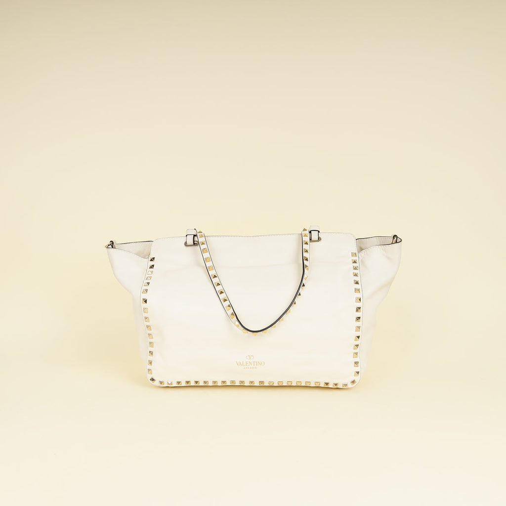 Valentino White Vitello Rockstud Tote Medium Bag