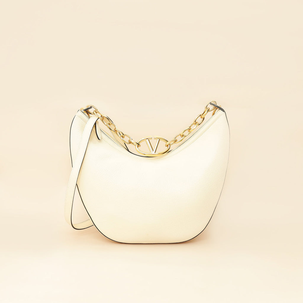 Valentino Ivory VLogo Moon Medium Hobo Bag W/ Chain