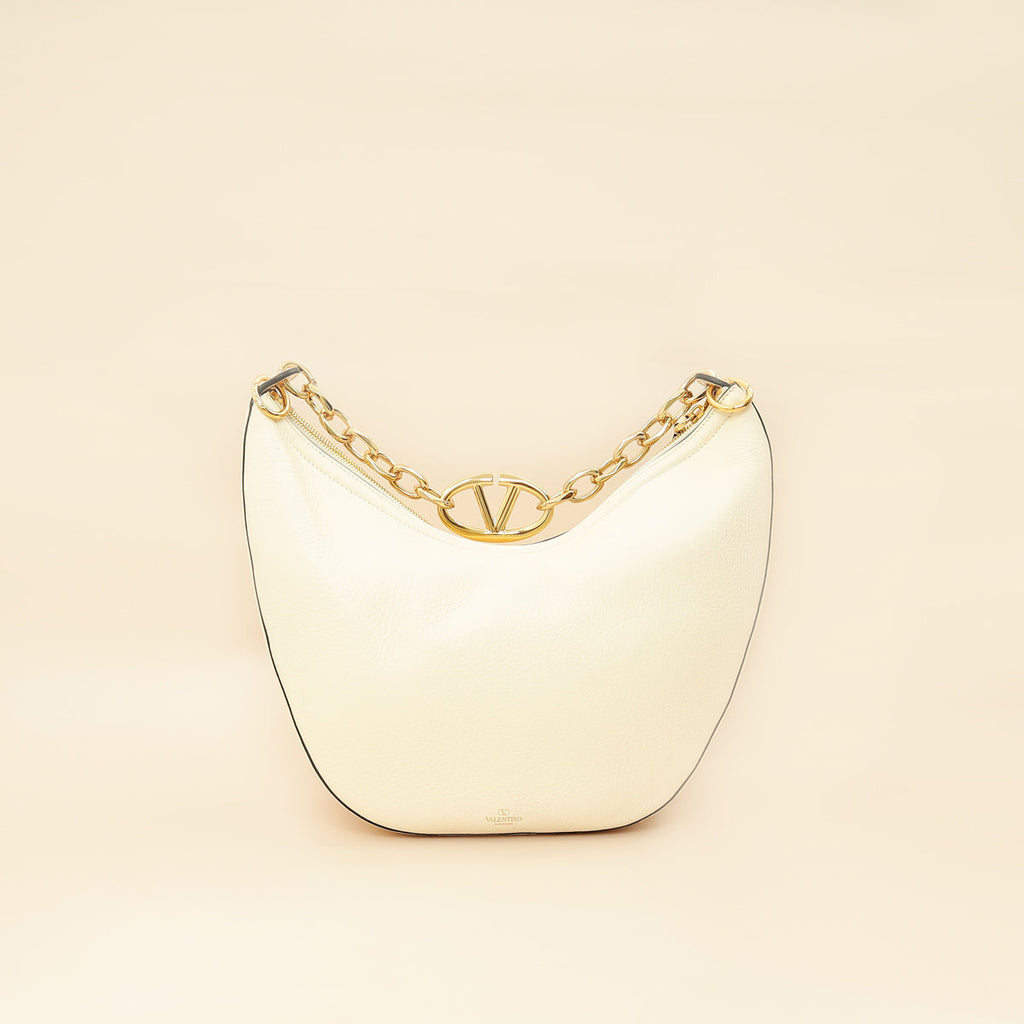 Valentino Ivory VLogo Moon Medium Hobo Bag W/ Chain