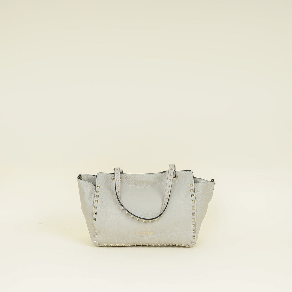 Valentino Light Grey Vitello Rockstud Handle Tote Bag