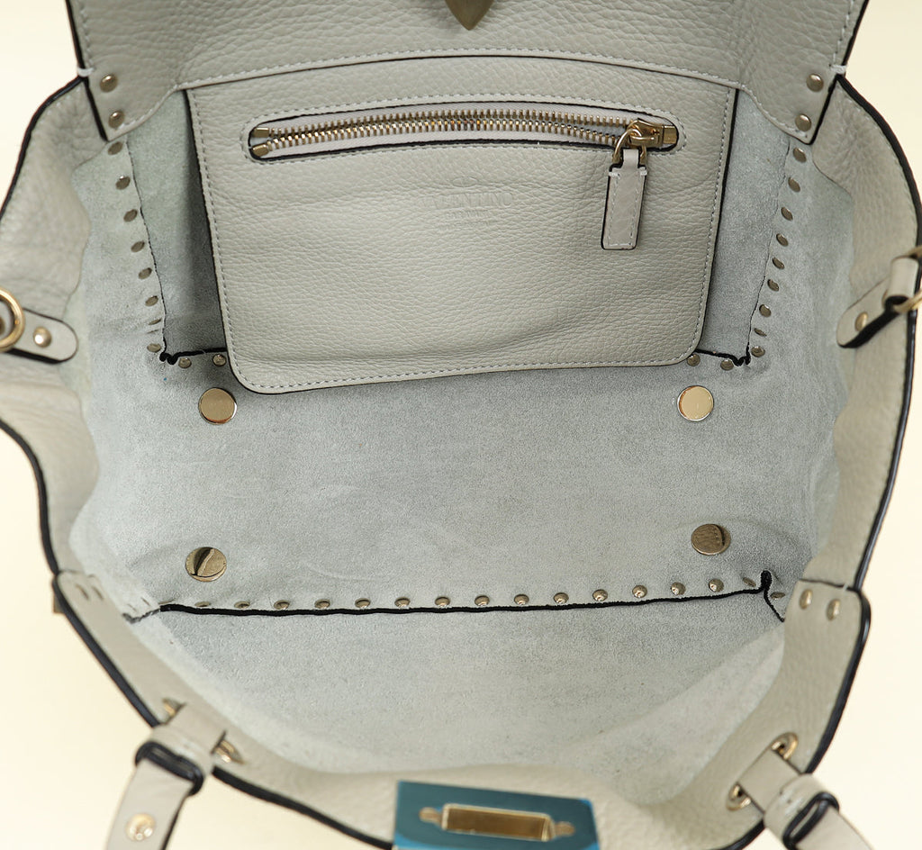 Valentino Light Grey Vitello Rockstud Handle Tote Bag
