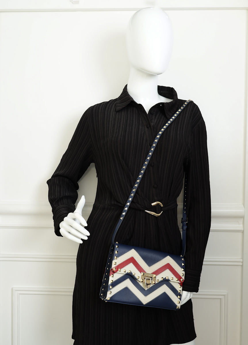 Valentino Tricolor Chevron Rockstud Flap Crossbody Bag
