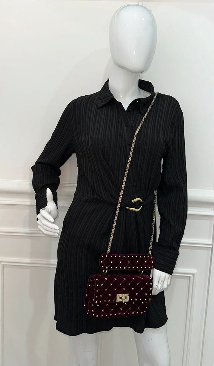 Valentino Burgundy Velvet Rockstud Spike Small Chain Bag