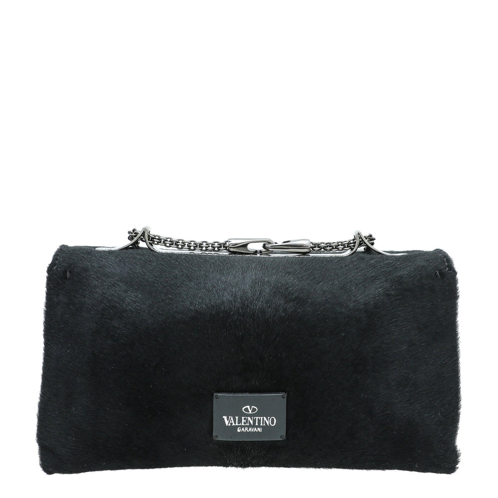 Valentino Black Pony Fur Va Va Voom Crystal Clutch Bag