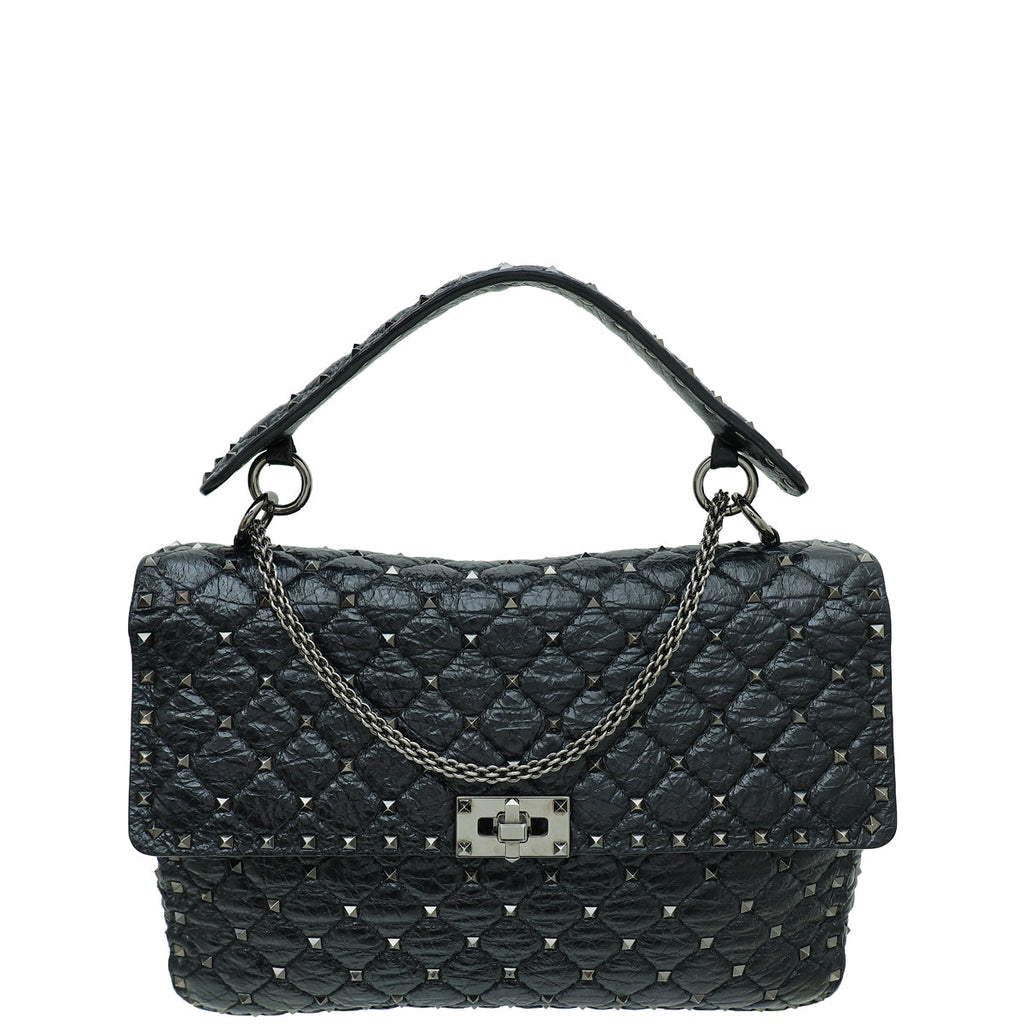 Valentino Black Spike Rockstud Flap Large Shoulder Bag