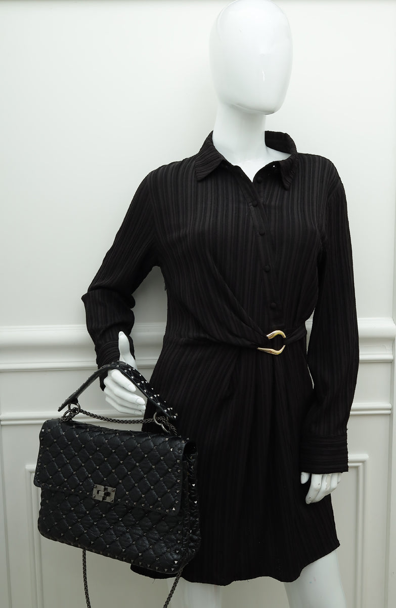 Valentino Black Spike Rockstud Flap Large Shoulder Bag