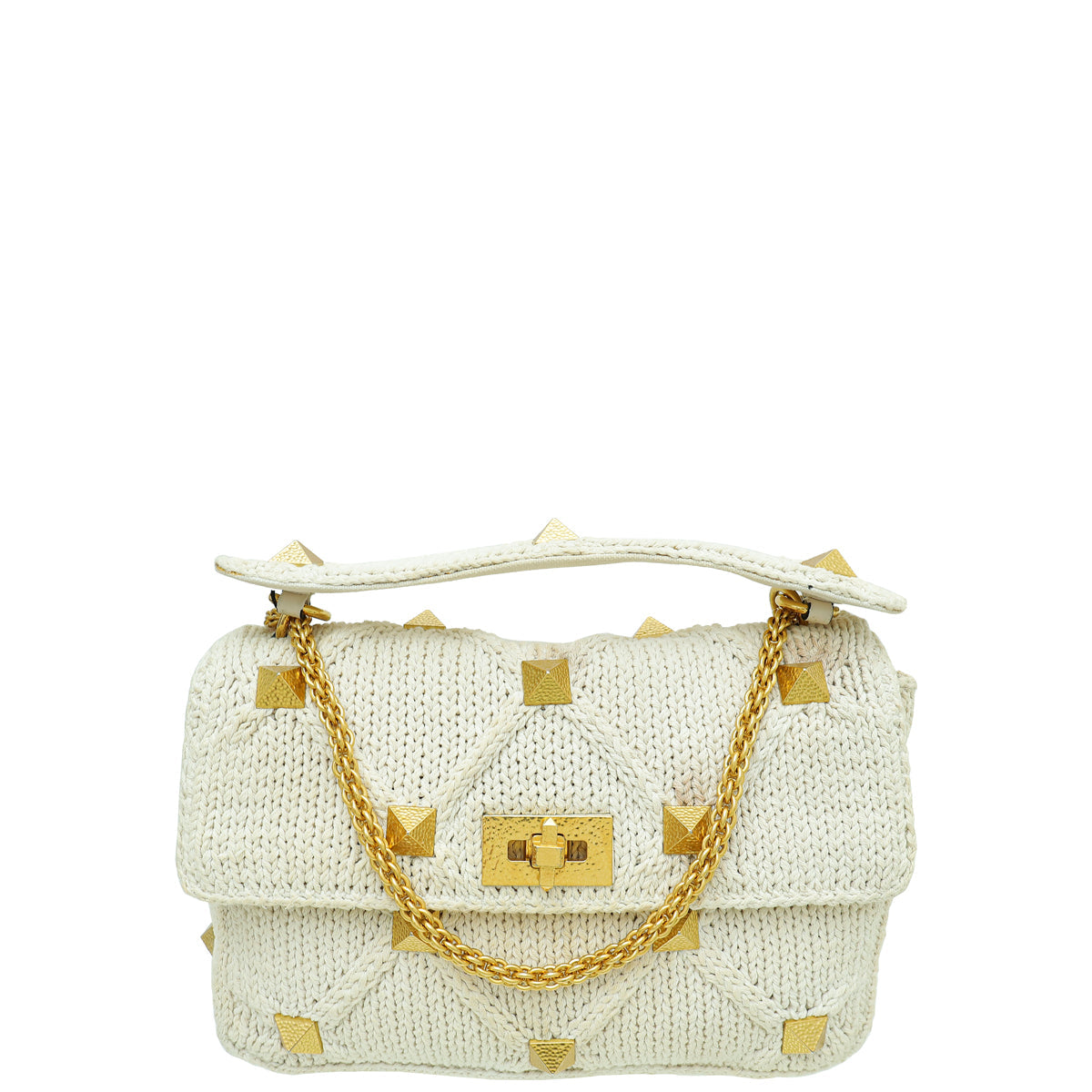Valentino Ecru Roman Stud Knitted Shoulder Bag Large