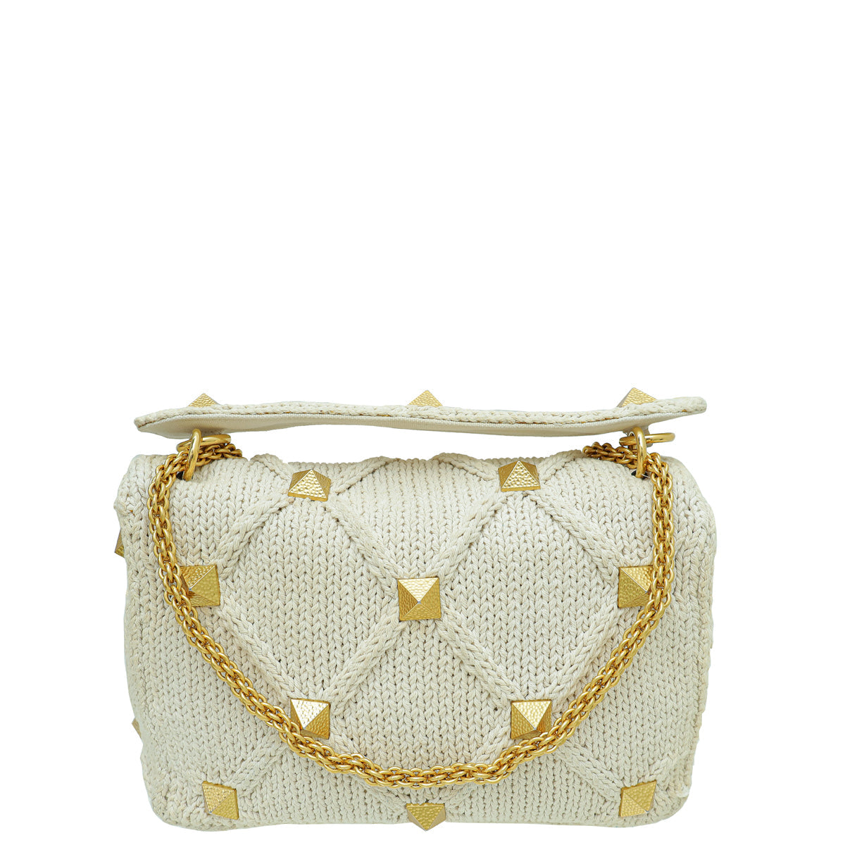 Valentino Ecru Roman Stud Knitted Shoulder Bag Large