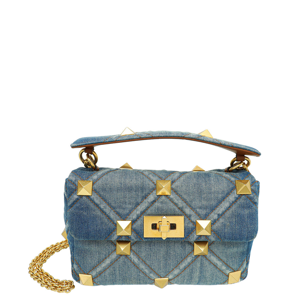 Valentino Bicolor Denim Roman Stud Top Handle Flap Bag
