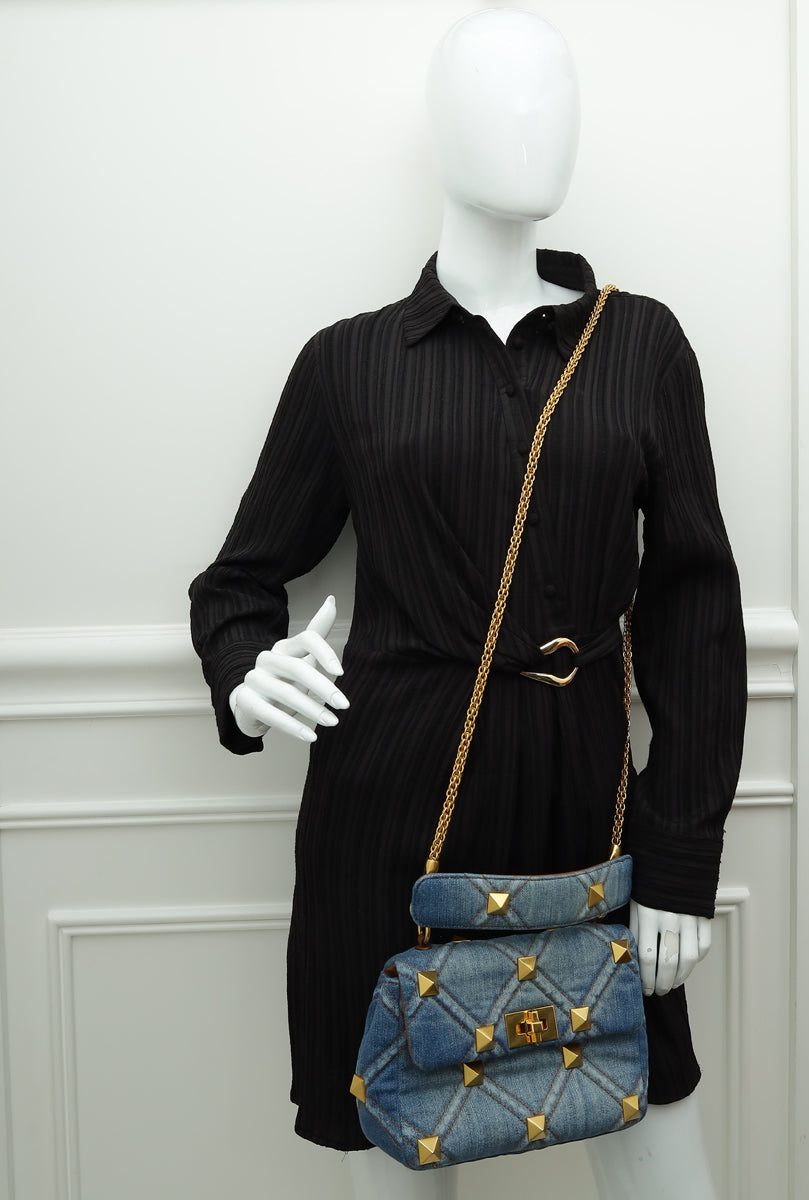 Valentino Bicolor Denim Roman Stud Top Handle Flap Bag