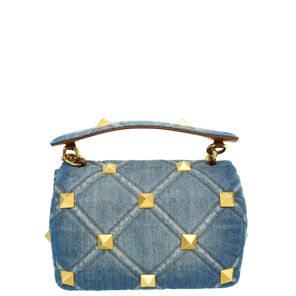 Valentino Bicolor Denim Roman Stud Top Handle Flap Bag